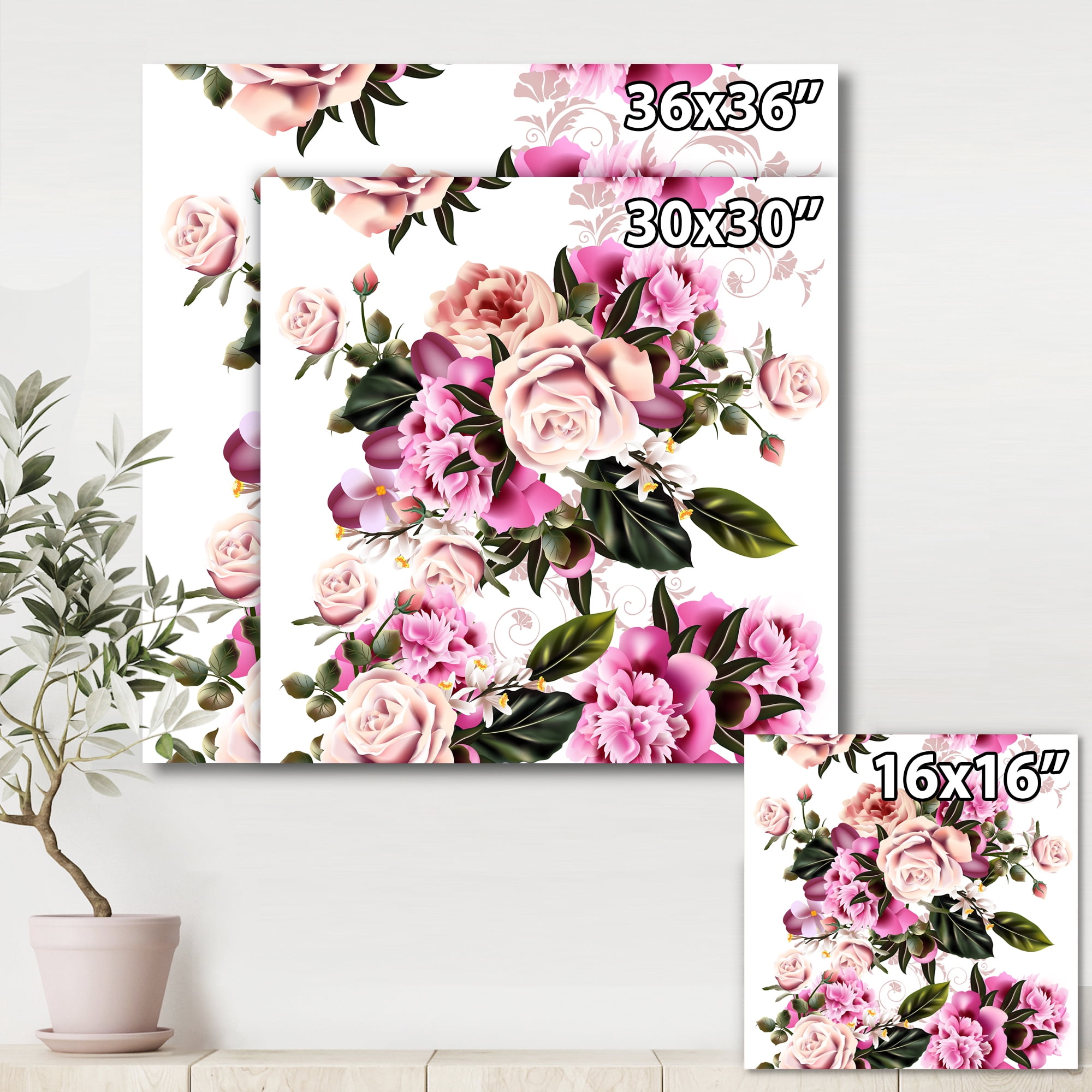 Peony Vintage Flowers 30 in x 30 in Painting Canvas Art Print, by Designart