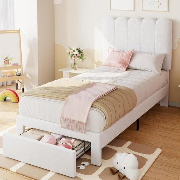 Eastvita Twin Size Boucle Upholstered Platform Bed Frame with Storage Drawer & Headboard - For Girls, Beige