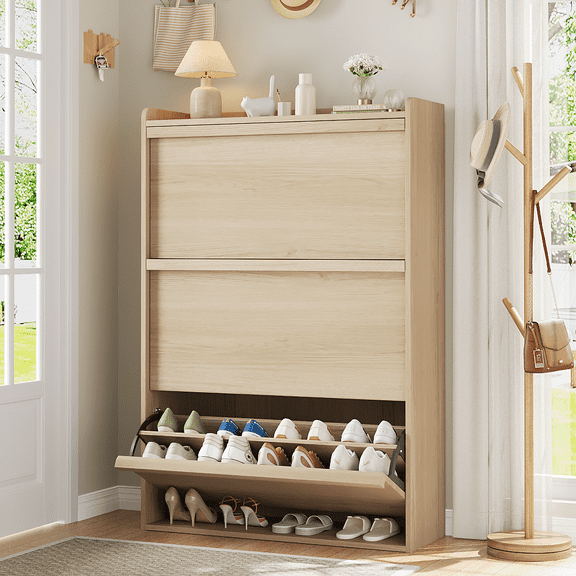 Garvee Wooden Shoe Cabinet with 3 Flip Drawers, Adjustable Shelf, 31.7 x 10.2 x 46.1",Wood Color