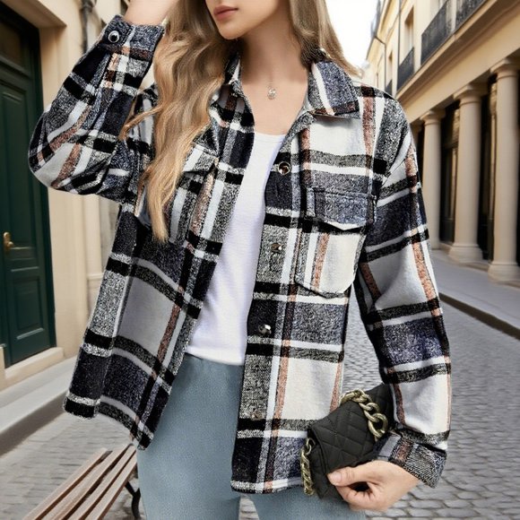 Fall/Winter Saving! srobpty Women's Long Sleeve Cardigan Jacket, Ladies' Brushed Plaid Breasted Lapel Casual Long Sleeved Cardigan Shirt Black, M