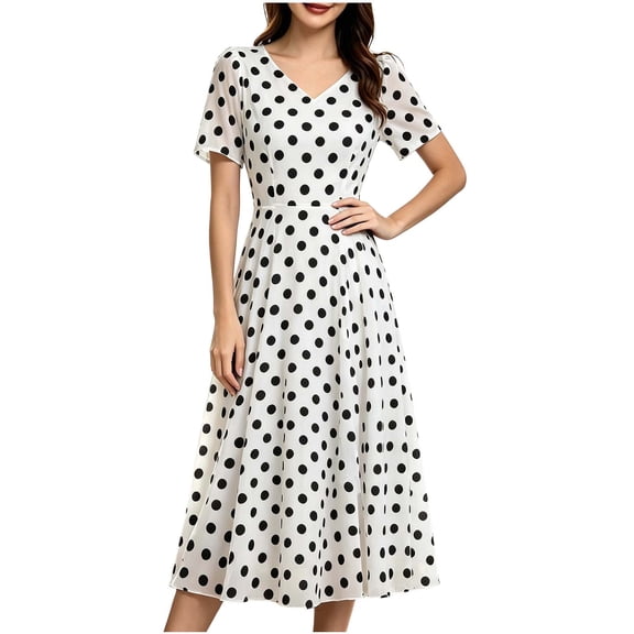 Kaemgyyd Women's Nightgowns Trendy V Neck Short Sleeve Dress Polka Dots Nightdress Cinch Waist Long Night Gowns(White,X-Large)