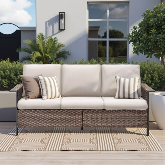 Lumiinofami Outdoor 3-Seat Patio Wicker Sofa Furniture, All-Weather Rattan Deep Seat Couch with Beige Cushions