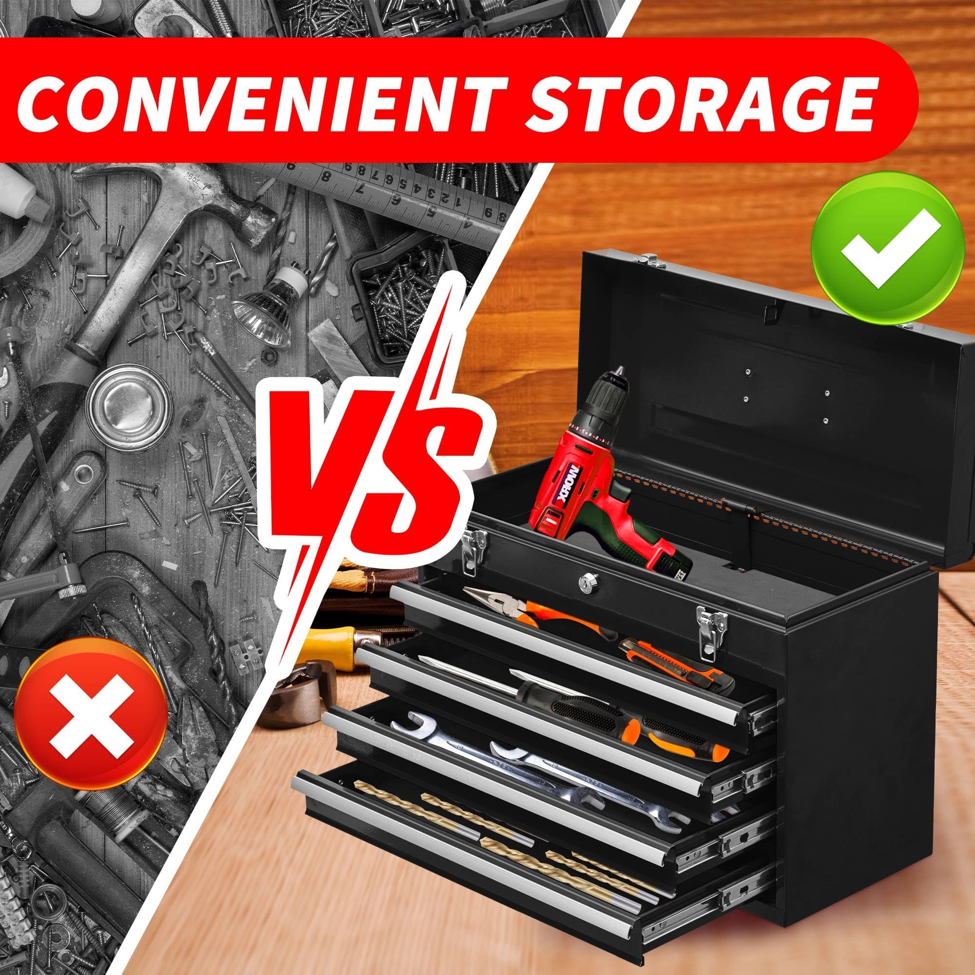 Aukfa Tool Box, 20 in Steel 4-Drawer Toolbox with Automatic Lock System for Garage, Black