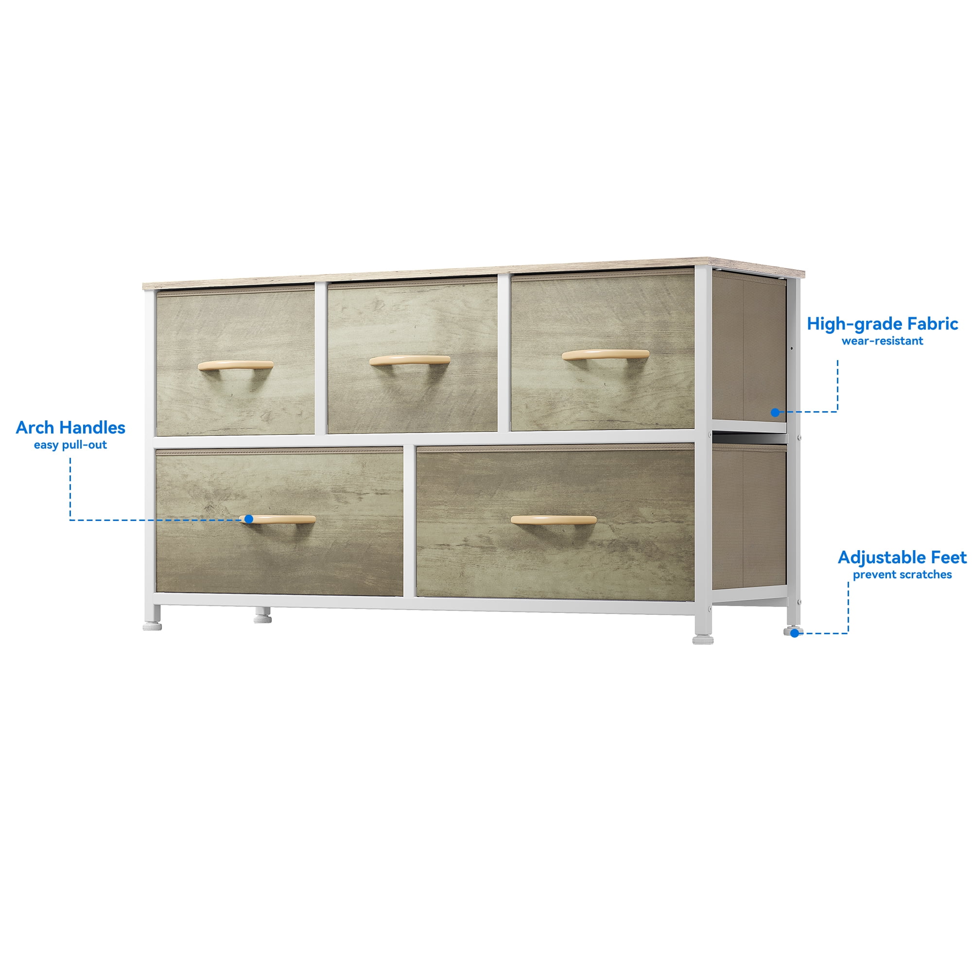 Uforic 5-Drawer Fabric Dresser for Adults, Storage Tower with Steel Frame & Wood Top, Oak Grain