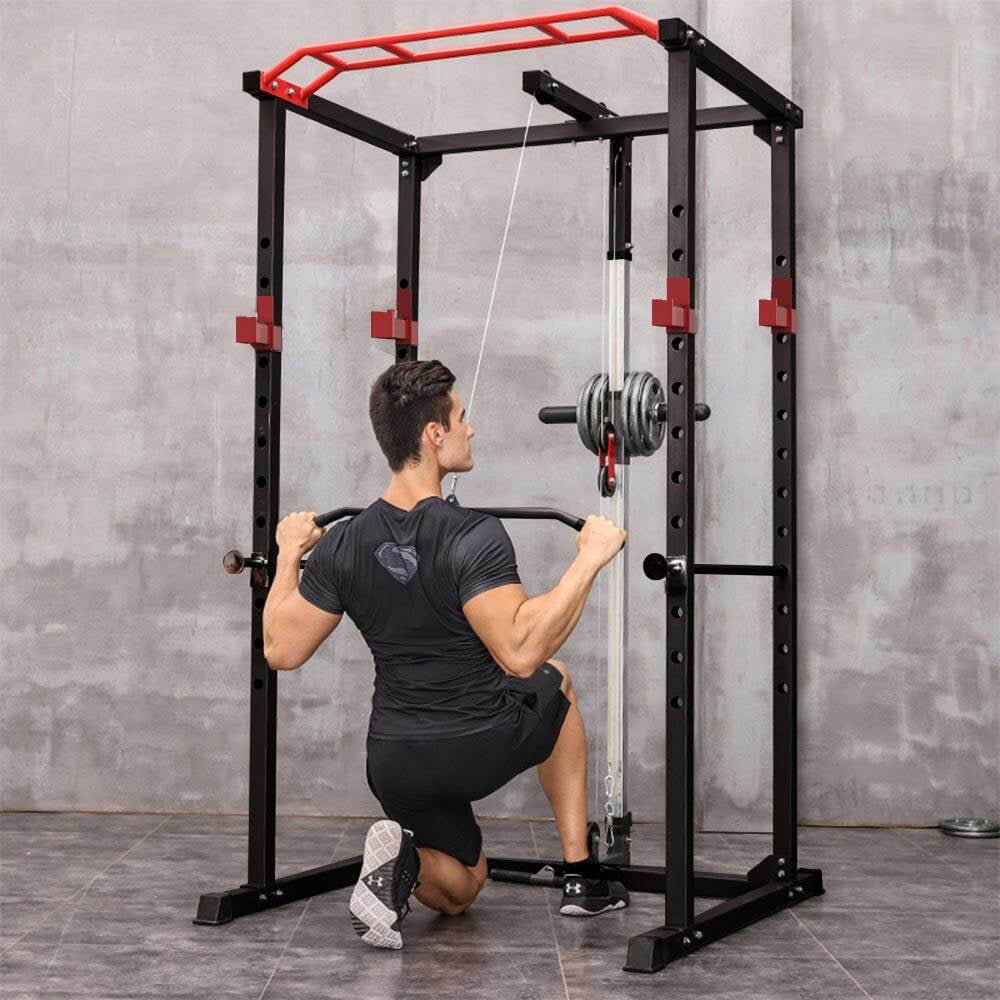 Dumbbell Rack, Multi-functional Power Cage, Home Adjustable Pullup Squat Rack 1000Lbs Capacity Comprehensive Fitness Barbell Rack with Weight Bench, Black+Red Weight Rack,Steel Weight Storage Rack