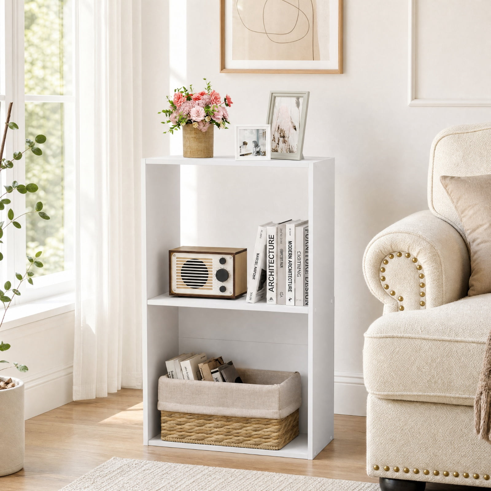 Furnibear Set of 2 3-Tier Freestanding Bookshelf with Open Storage Compartment and Display Shelf for Living Room and Study, White