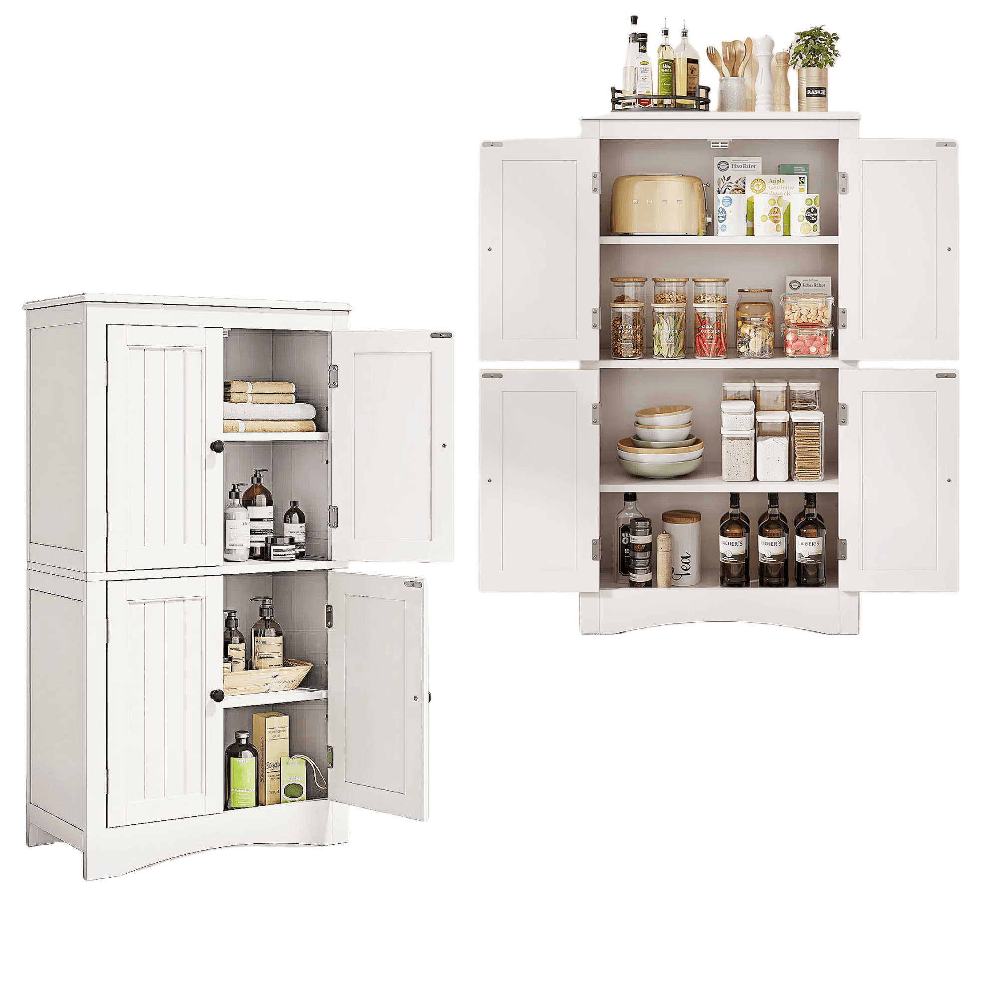 Lofka 43" Kitchen Pantry Storage Cabinet with 4 Magnetic Doors and Adjustable Shelves, White
