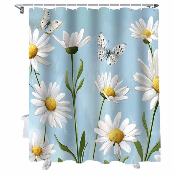 Shower Curtains Daisy Floral Bath Curtain Butterfly Blue Waterproof Bathroom Shower Curtain Set with Hooks Decoration 36 x 72 Inches