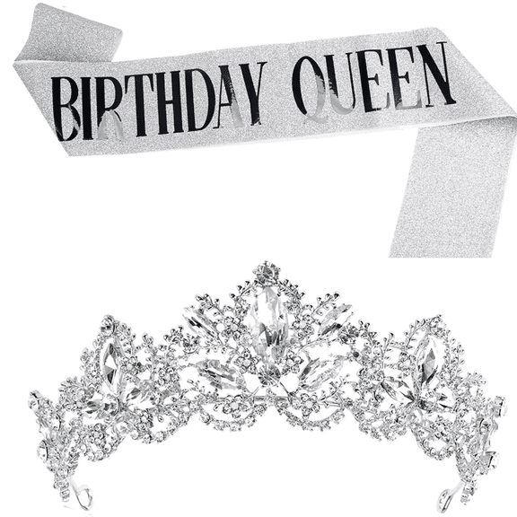 Birthday Tiara for Women, Tiara for Women AB Rhinestone, Happy Birthday Queen Tiara for Women Birthday Crown Sash, Silver