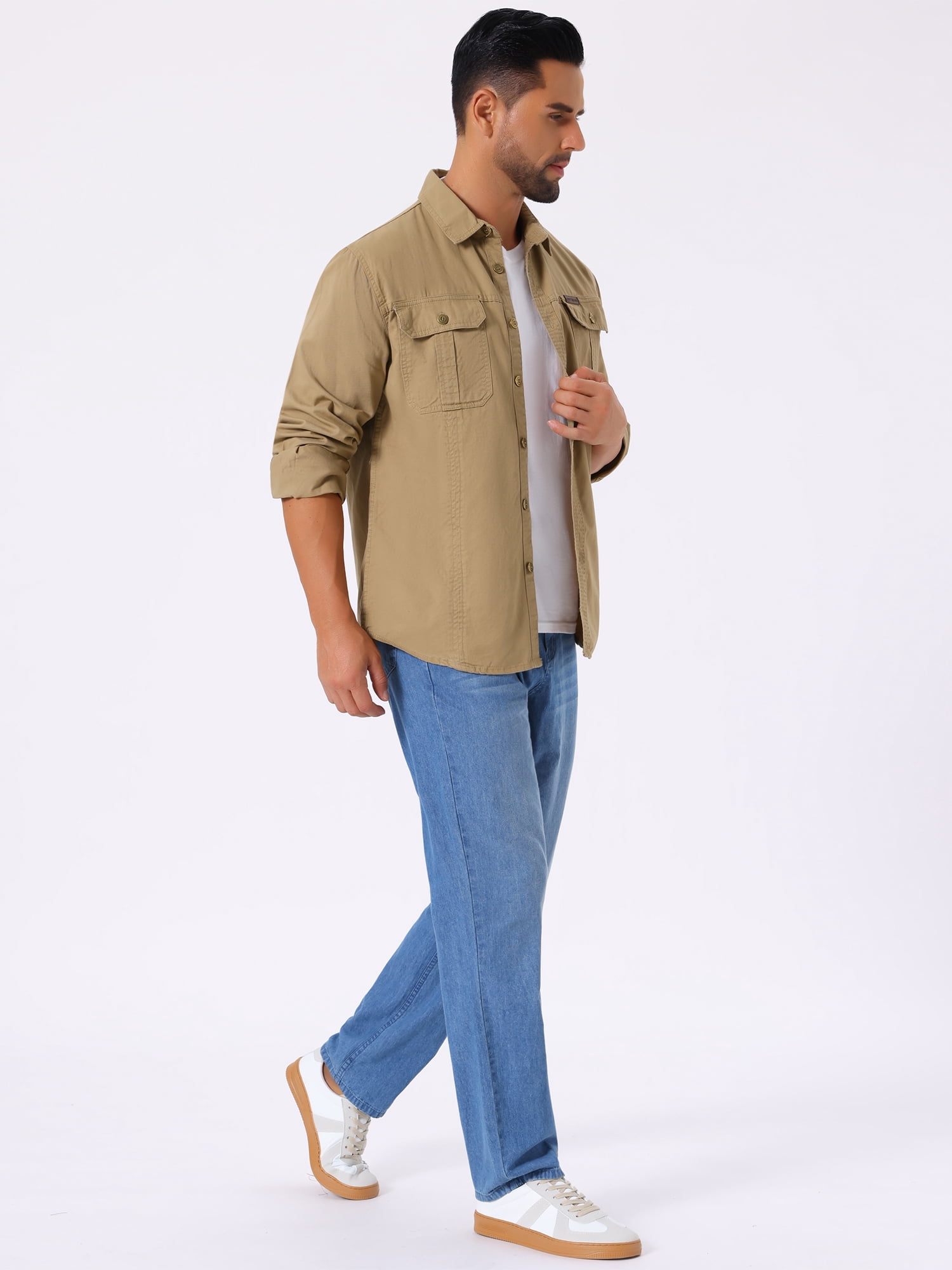DARING DIVA Men's Casual Workwear Long Sleeve Button Down Hiking Shirts S Khaki