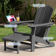 KINGYES Folding Adirondack Chair set of 2, Adjustable Backrest with Pull-Out Footrest & 4-in-1 Mobile Phone, Tablet, Cup Holder Tray, HDPE Plastic Adirondack Chair for Patio Garden Outdoors Fire Pit