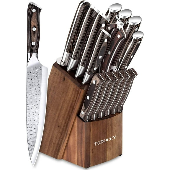 Kitchen Knife Set, 16-Piece Knife Set with Built-in Sharpener and Wooden Block, Precious Wengewood Handle for Chef Knife Set, German Stainless Steel Knife Block Set, Ultra Sharp Full Tang Forged