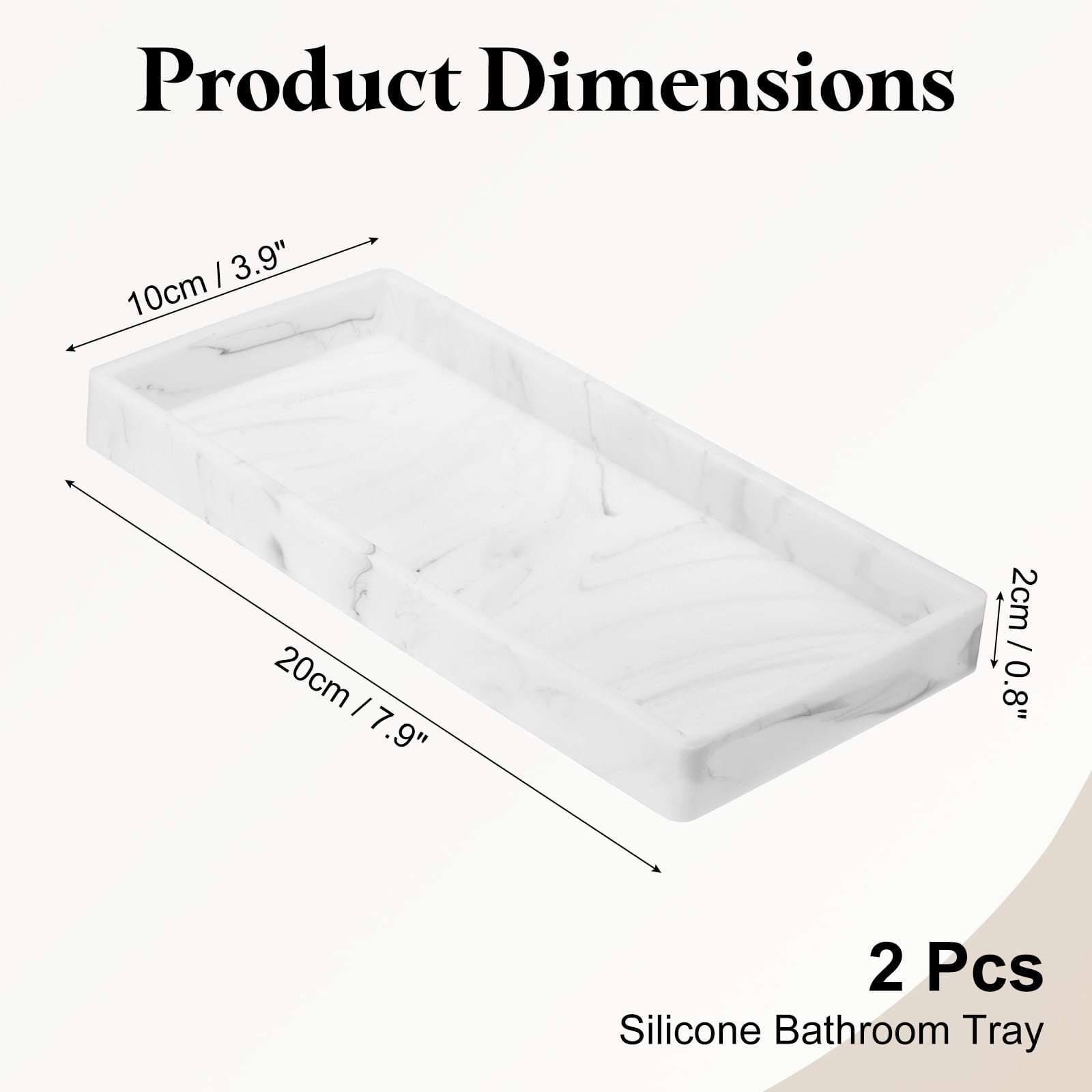 2Pcs Bathroom Vanity Tray, 7.9"x3.9" Silicone Soap Dispenser Trays, Marble White