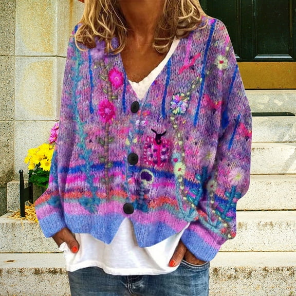 Delayuji Womens Cardigan Sweater New Abstract Printed Casual Fall Cardigan Coat Spring Trendy