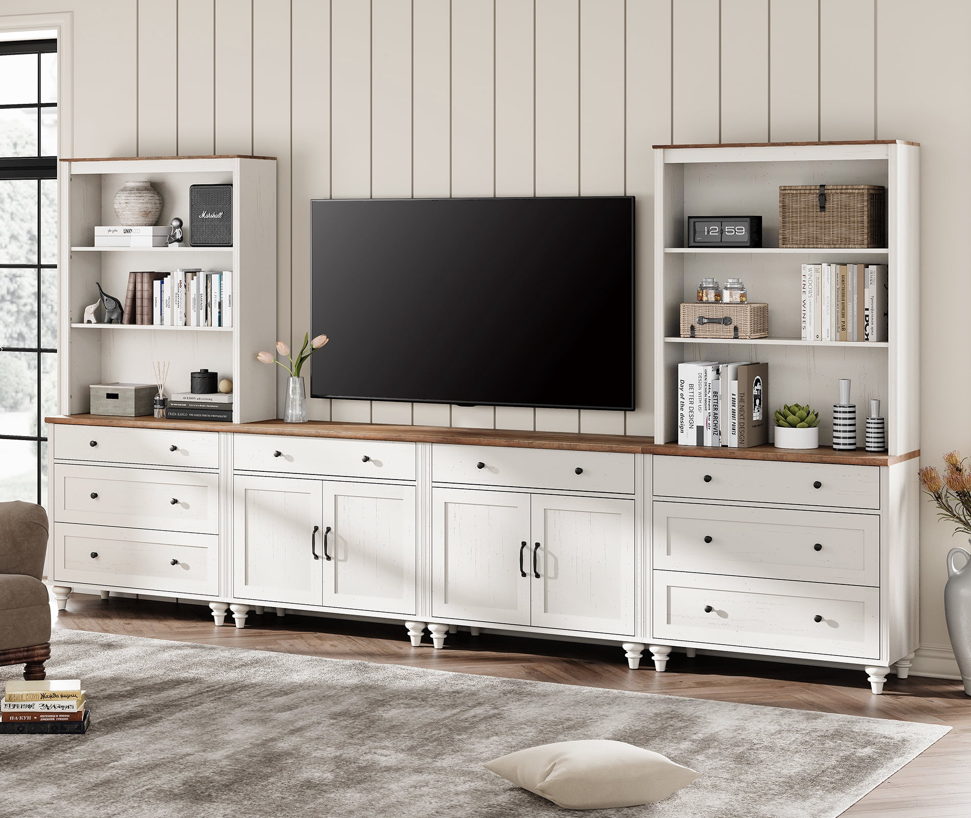Large TV Stand with Bookshelves for TVs up to 75", Bookcase for Study Room, Living Room, Bedroom, White
