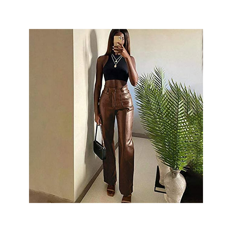 Women Faux Leather Pants Solid Color High Waist Straight Wide Leg