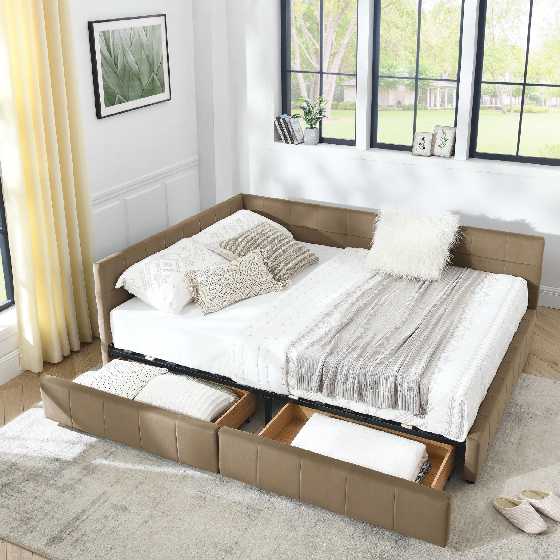 Queen Size Storage Upholstered Tufted Bed Frame with 2 Storage Drawers, Sofa Bed Frame with Comfortable Backrest and Armrests, Velvet Platform Bed for Bedroom, Living Room, No Box Spring Needed, Brown
