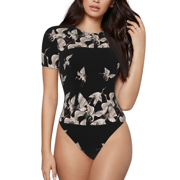 Fotbe Japanese White Crane Body de Mujer con Cuello Redondo y Mangas Cortas, Sin Mangas Ajustado, Suave, Cómodo y Básico-Medium