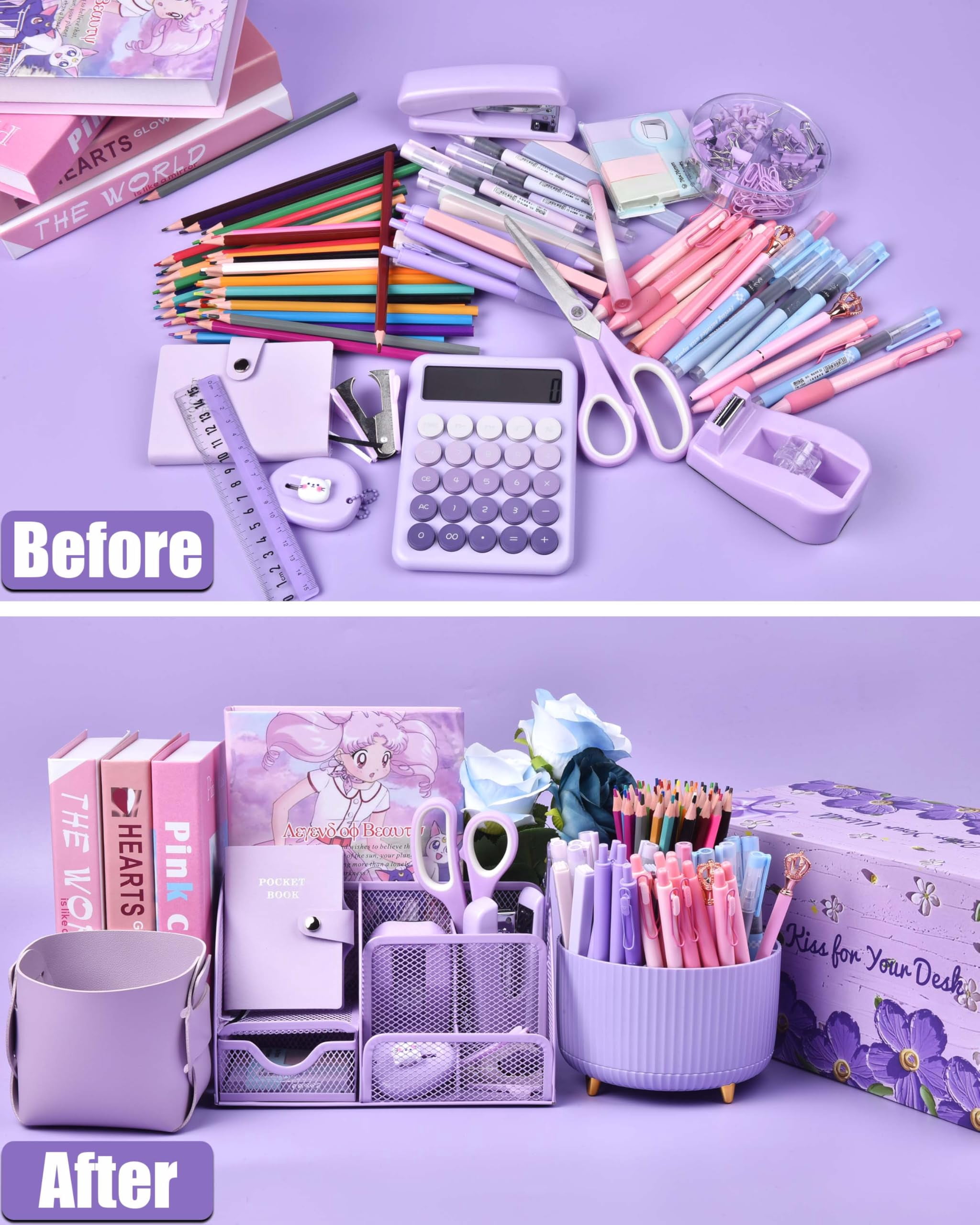 21pcs Purple Desk Organizers And Accessories With Mesh Organizer 360°rotating Pen Holder A Lot Of Office Supplies Beautifully Presented In Gift Box