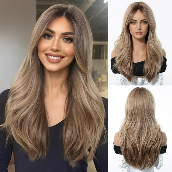Esmee Long Wave Ombre Blonde Wig for Women with Curtain Bangs Natural Synthetic Hair Wigs for Daily Party Use 24 Inches