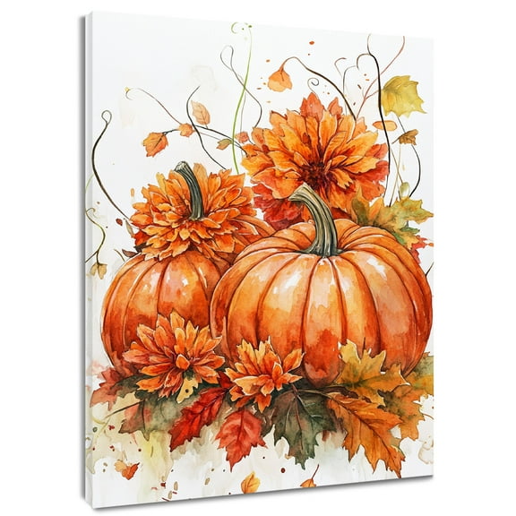 NEONWE Orange Pumpkin Floral Canvas Wall Art Fall Watercolor Flowers Painting Prints Posters Living Room Decor Rustic Autumn Home Art Bedroom Bathroom Office Wall Decor