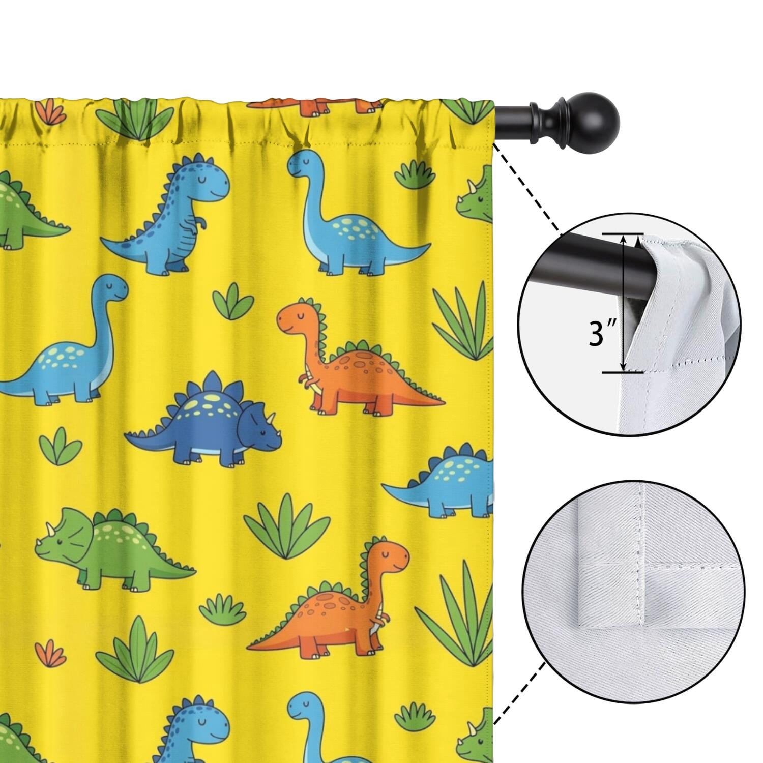Blackout Kids Curtains,Yellow Dinosaur Plant Pattern Childrens Insulated Curtains Set Of 2,Bedroom Essentials,Toddler Room Decor 52"x63"