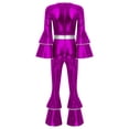 thumbnail image 3 of YiZYiF 70s Disco Costumes for Womens Metallic Shiny Jumpsuits Tiered Flare Sleeve Bell Bottoms Romper Purple M, 3 of 7