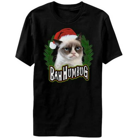 Angora Cat - Bah Humbug Grumpy Cat Adult T-Shirt Christmas Wreath X-Mas Angry Santa Hat Mens