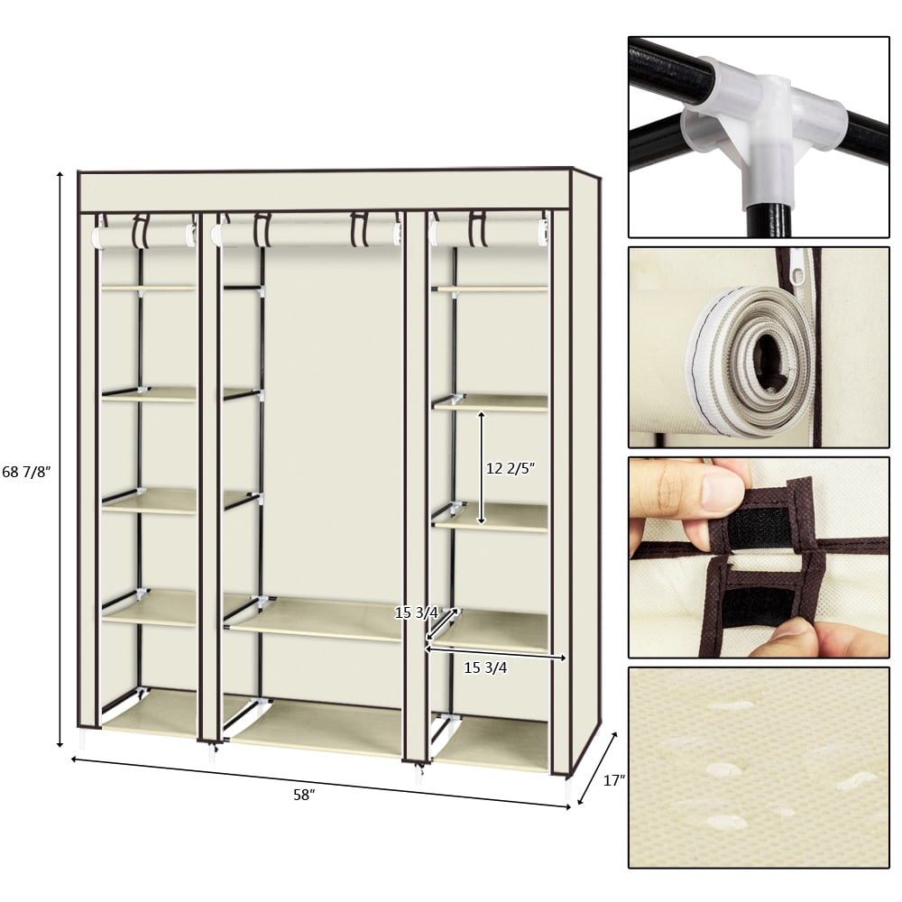 69" Clothes Closet Wardrobe Storage Organizer with Non-Woven Fabric, Beige