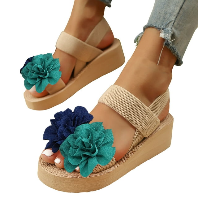 Sandales à Plateforme de Plage à Fleurs pour Femmes 2025 Bohème Vacances à Brides Compensées Slingback Robe Chaussures d'Été
