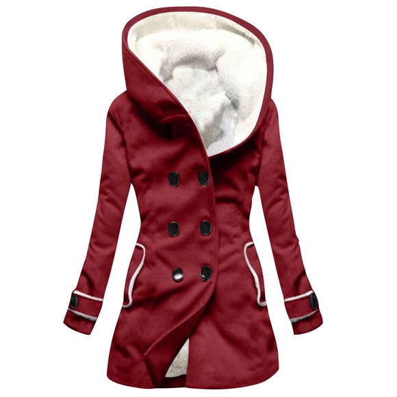 WRKEKC Women's Hooded Toggle Coat Double Breasted Fleece Lined Mid-Length Solid Color Elegant Commute Parka for European and American Style Red XXL