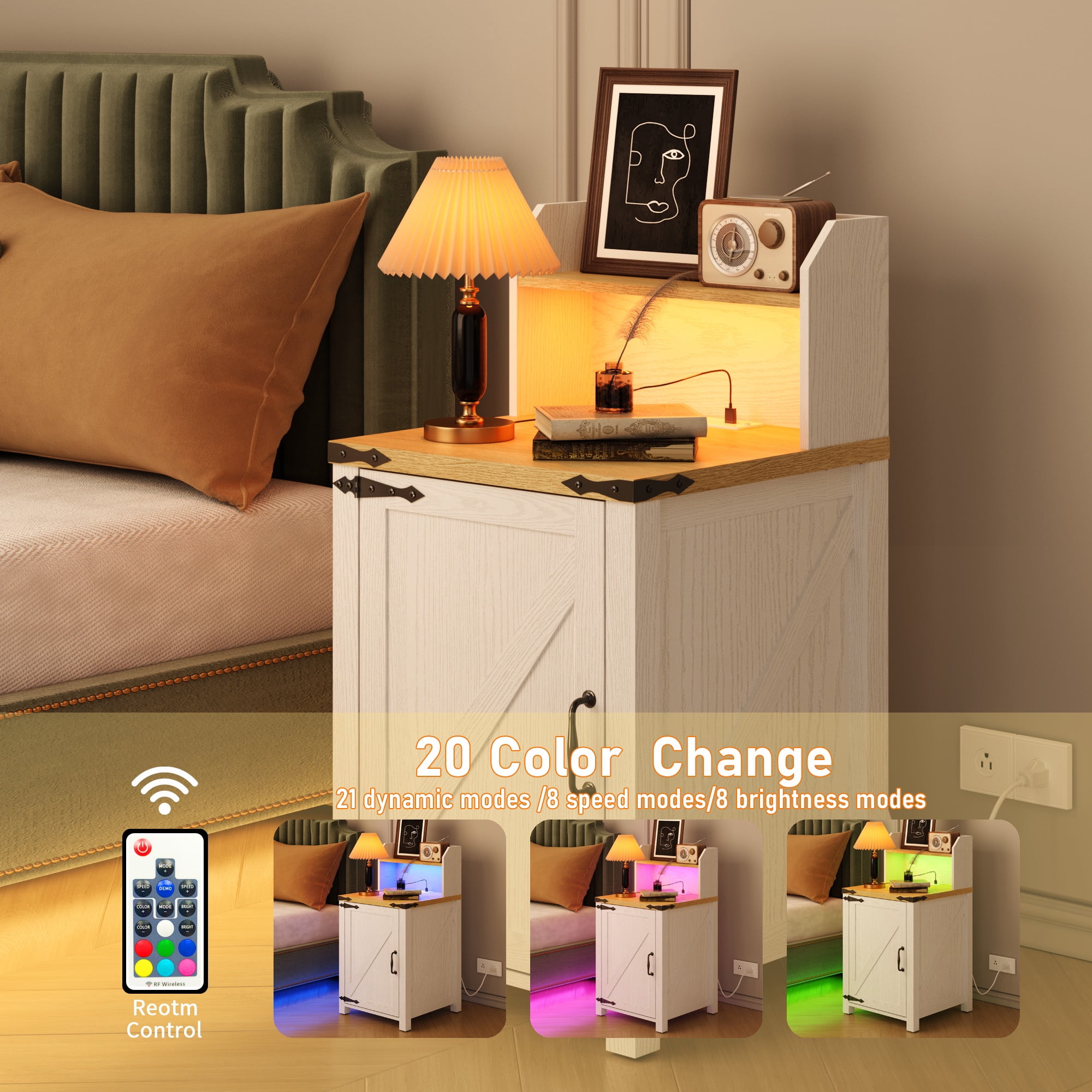 Holaki 18" Nightstand with Charging Station, End Table with LED Lights Strips, Rustic Wood Bedside Table with Adjustable Storage Shelf & Barn Door, Versatile Nightstand for Bedroom Living Room, White