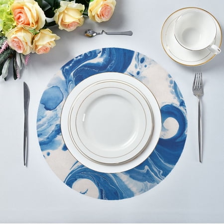 15.4 Round Placemat Set of 6 Polyester Fabric Place Mats Non-Slip Dining Kitchen Table Mats for Kitchen Party Decor Indigo Blue Tie-dye Pattern