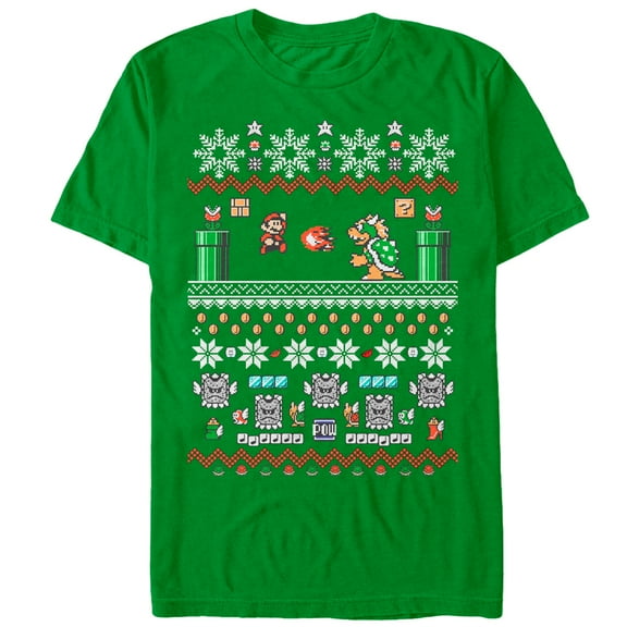 Men's Nintendo Ugly Christmas Mario and Bowser  Graphic Tee Kelly Green 2X Large