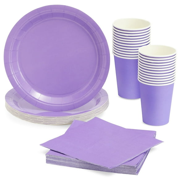 Juvale Purple Birthday Decorations, Plates, Cups & Napkins Set - 72 Pieces, Serves 24, 9In Plates, 6.7Oz Cups, 6.5In Napkins, Solid Purple - Party Supplies