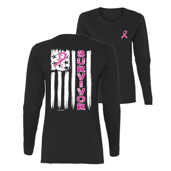 Wild Bobby Breast Cancer Awareness Survivor Awareness Flag Front and Back Women Long Sleeve Tee, Black, Small
