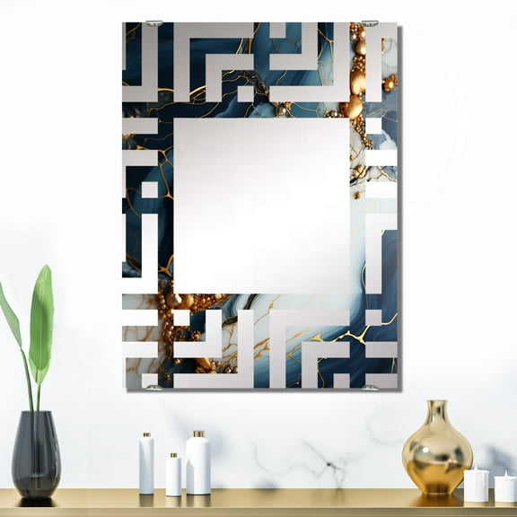 Designart "Geode Art in Gold and Blue III" Abstract Liquid Ink Oversized Wall Mirror - Modern Abstract Hallway Decorative Wall Mirrors - Multiple Color Options