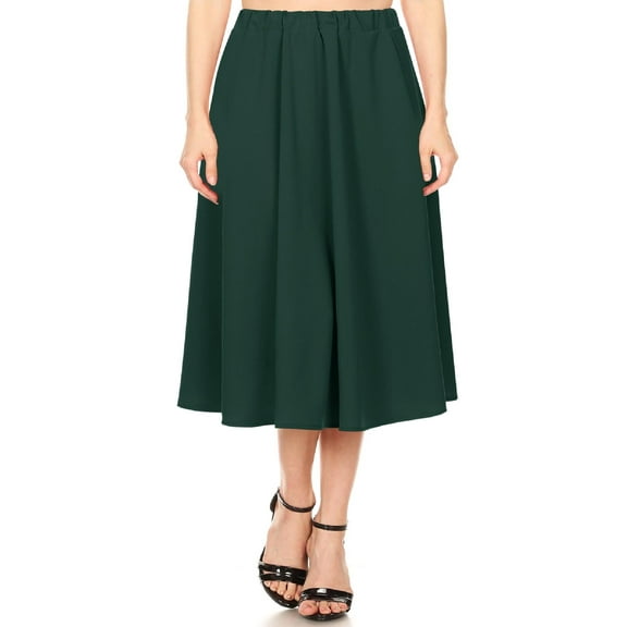Women's A-Line Pleats High Waist Elastic Band Comfy Solid Midi Skirt S-3XL