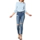 thumbnail image 2 of CAMISA DE MUJER CON BOTONES INSPIRADA CHIC, COLLAR PETER PAN, CON LAZO, BLUSA DE COLOR SÓLIDO 3XL AZUL CLARO, 2 of 8