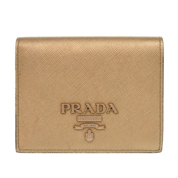 Pre-Owned Prada 1MV204 Saffiano Leather Gold Bi-fold Wallet 0933PRADA (Good)