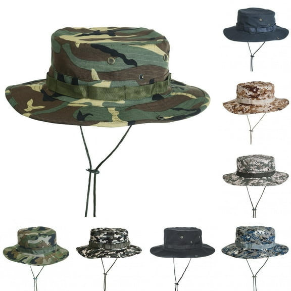 Shenmeida Outdoor Summer Unisex Wide Brim Fasten String Boonie Hat Sun Cap Jungle Headwear for Men Women