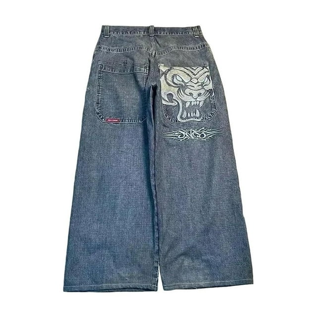Pantalones vaqueros unisex estilo hip-hop gótico urbano de talle alto y corte holgado con diseños rasgados y bordados for hombre y mujer