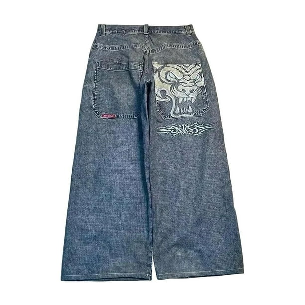 Pantalones vaqueros unisex estilo hip-hop gótico urbano de talle alto y corte holgado con diseños rasgados y bordados for hombre y mujer