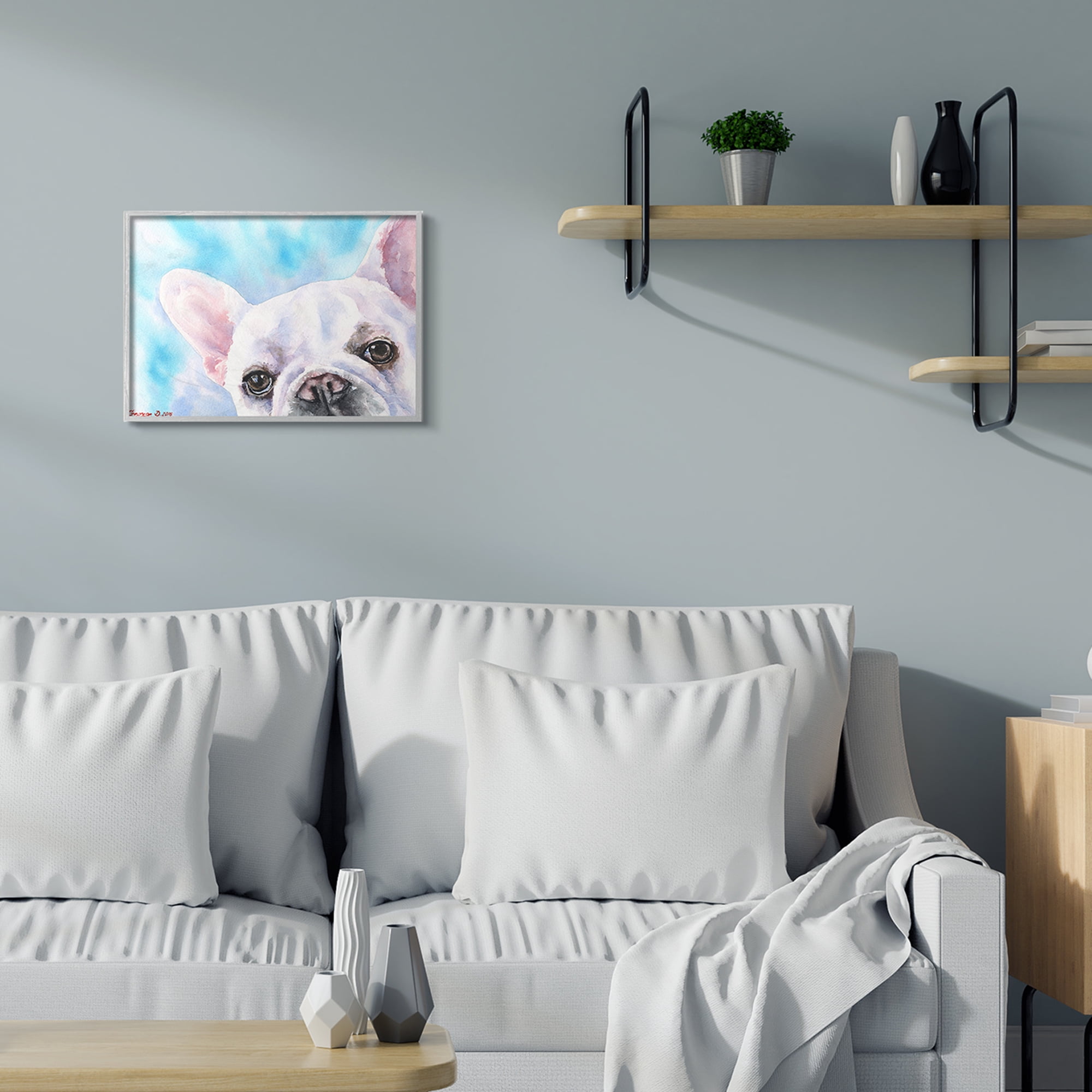Stupell Industries French Bulldog Puppy Eyes Gaze White Blue Animals & Insects Painting Gray Framed Art Print Wall Art, 16 x 20