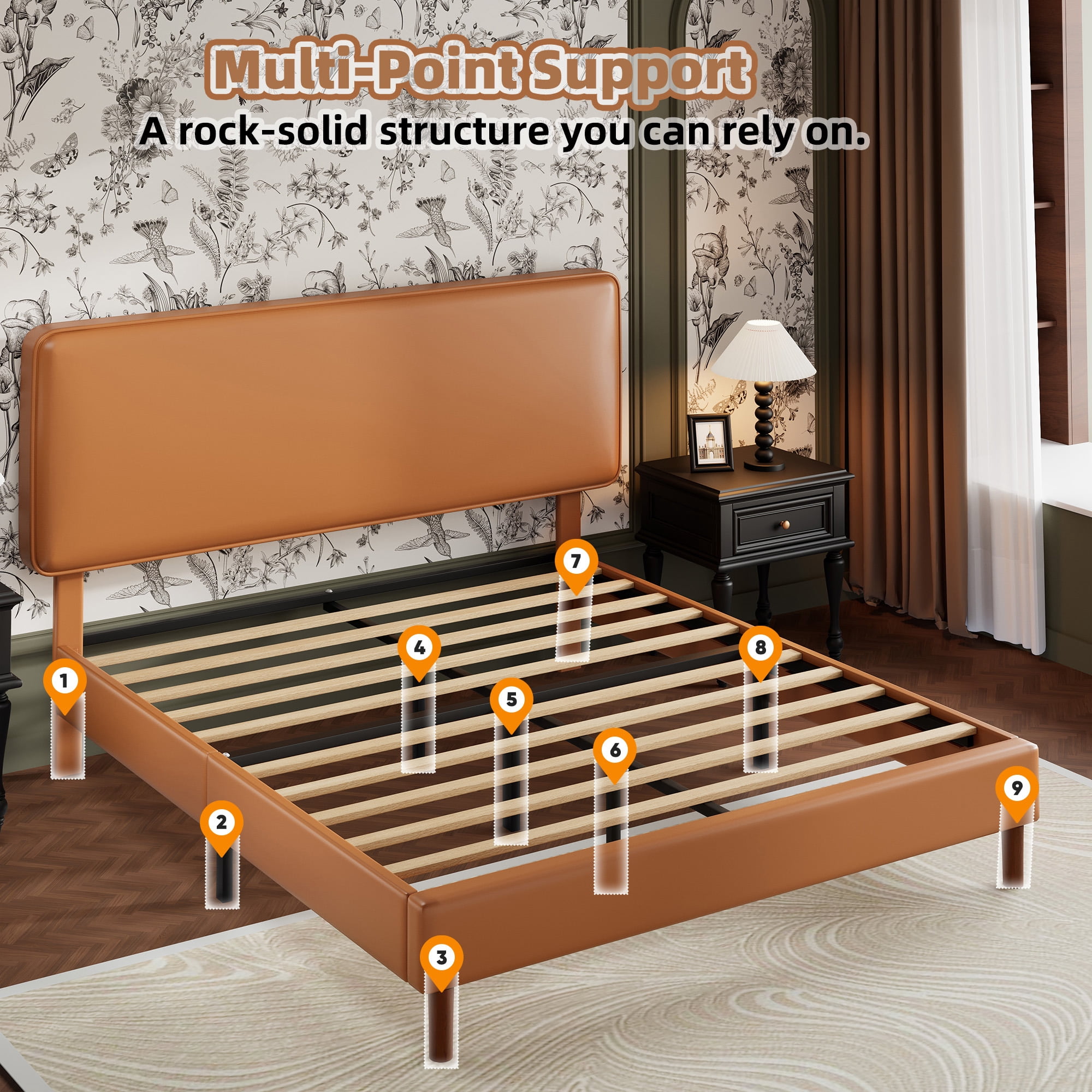 Frostbloom Full Bed Frame, Upholstered Faux Leather Platform Bed with Adjustable Headboard, Orange Brown