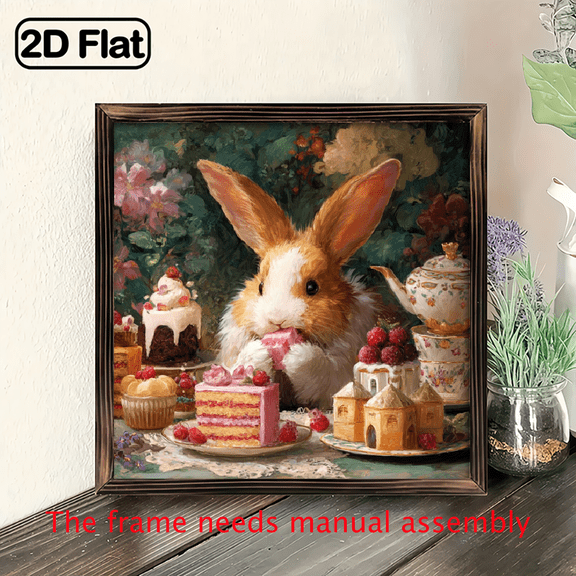 2D Flat 1pc Charming Bunny at Tea Party Wooden Framed Wall Art Vintage Farmhouse Decor with Pastel Floral Design, Perfect for Easter, Housewarming Gift, or Springtime Home Accent, 8x8 Inch, Rabbit