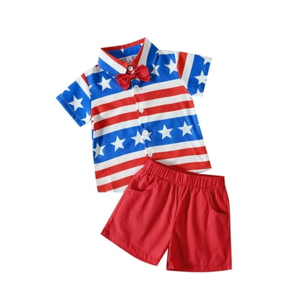 

DTBPRQ 4th of July Toddler Boy Outfit Summer American Flag Short Sleeve Button Down Dress Shirt Shorts Independence Day Clothes Set
