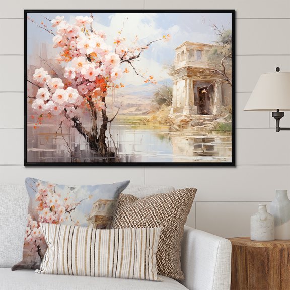 Designart "Landscape of Springtime in the Roman Empire II" Landscapes Framed Wall Art - Traditional Pink Italy Entryway Framed Wall Art Print