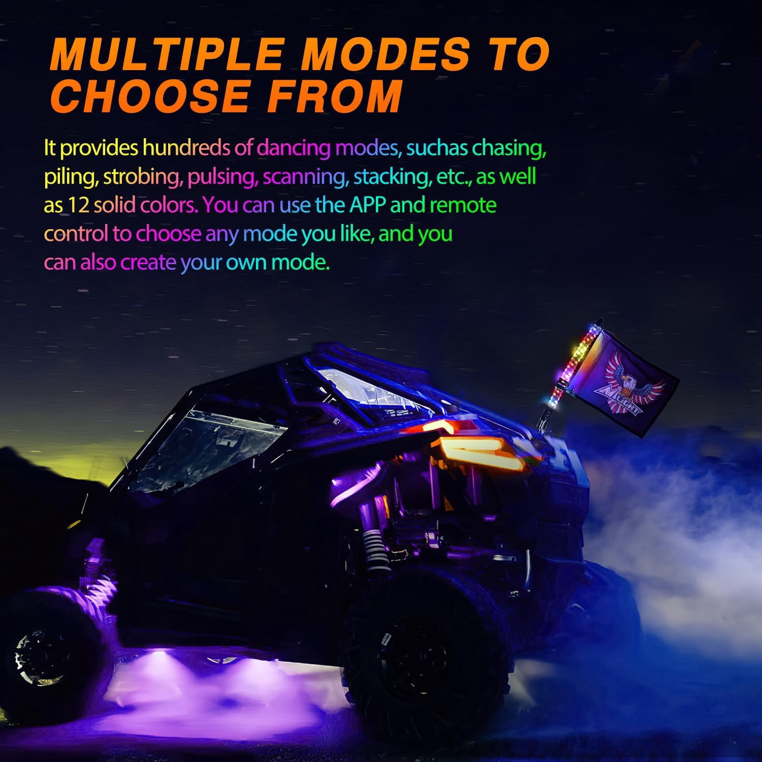 Nilight RGB Whip Light 1PC 2FT Lighted Antenna Whips with Remote & App Control DIY Chasing Patterns Brake Reverse Lights for ATV UTV Polaris RZR Can-am Dune Buggy Pickup Trucks Jeep