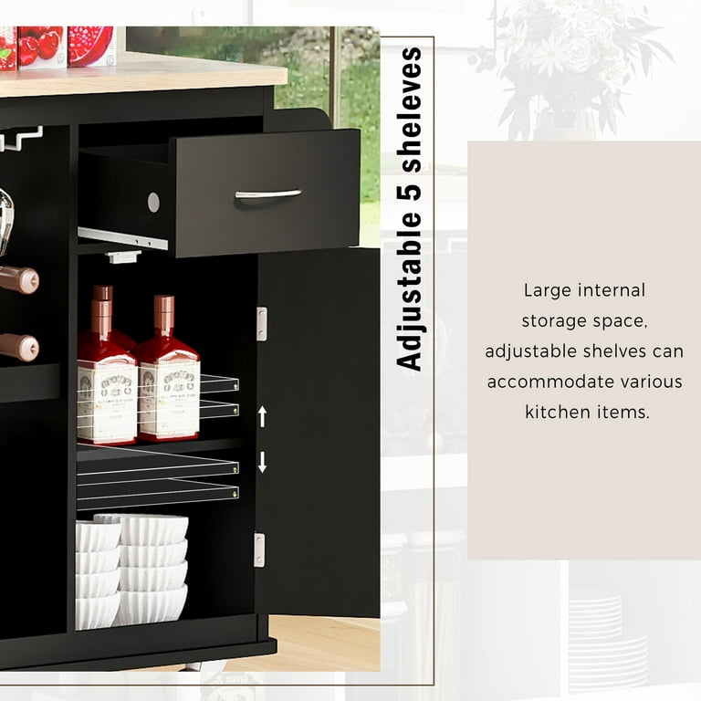 White Wood 40 in. Kitchen Island Side Storage Shelves Adjustable Storage Shelves 5 Wheels Kitchen Storage with Wine Rack